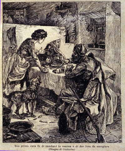 İlk kaygısı onları mutfağa götürüp beslemekti... Prosper Merimee tarafından yazılan yeni “” Colomba”nın illüstrasyonu. 1915 dolaylarında Gustavino (Gustavo Rosso) (1881-1950) tarafından gravür by Gustavo Gustavino Rosso