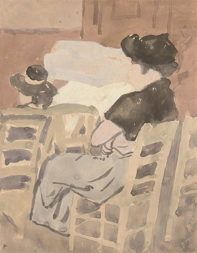 Kilisenin iç kısmında bir kadın ve genç bir kız (kağıt üzerine suluboya) by Gwen John