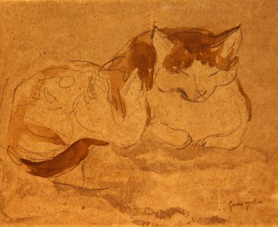 Uyuyan Kedi (kağıt üzerine kalem ve sulu boya) by Gwen John