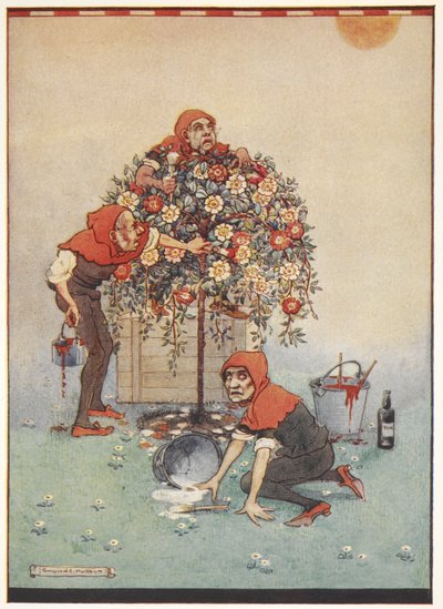 Queen of Heart'ın bahçıvanları, Alice Harikalar Diyarında'daki gülleri beyazdan kırmızıya boyuyor. by Gwynedd M. Hudson