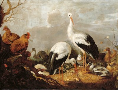 Nehir manzarasında leylekler, yeşilbaşlar, tavuklar, balıkçıl, kurbağa ve diğer kuşlar by Gysbert Hondecoeter