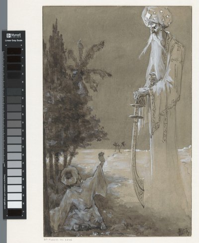 Sakallı uzun boylu adam oturmuş bir çocuğa tepeden bakıyor. by H.C. Louwerse (signed by artist)