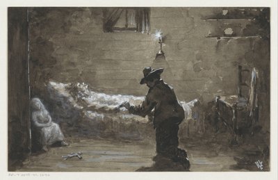 Adam bir kadının yatağının yanında diz çöküyor by H.C. Louwerse (signed by artist)