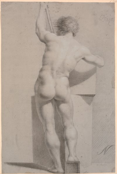 Ayakta modeli. Arkadan görüldü. Sol elinde çubuk by H.W. Bissen