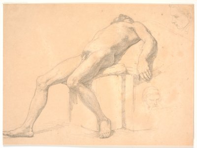 Erkek, çıplak, rahat model çalışması. T.h. iki portre kafası, bir muhtemelen Constantin Hansen by H.W. Bissen