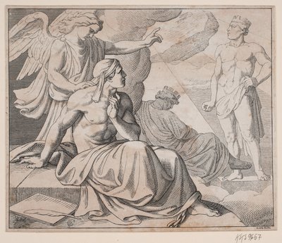 Alegorik yaprak. Bir melek elini bir adamın omzuna koyar ve bir heykeli işaret eder. by H. C. Henneberg