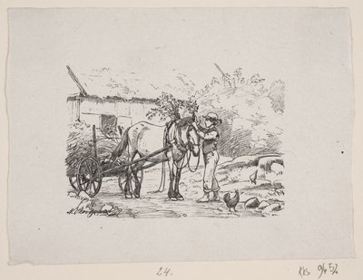 Bir çocuk bir at koşum takımını yeşil dallarla süslüyor. by H. C. Henneberg