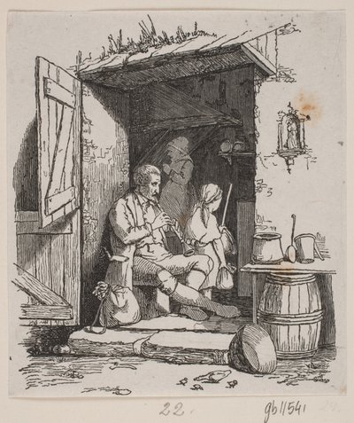 Açık bir kapıda oturan bir İtalyan müzisyen by H. C. Henneberg