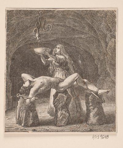 Sigyn kaseyi yılan ve Loki arasında tutar. by H. C. Henneberg
