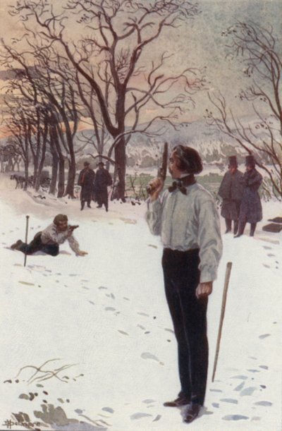 Henri, hareketsiz durmuş ve yüzünü tabancasıyla kapatmış bekliyordu (renkli lito) by H. Delaspre