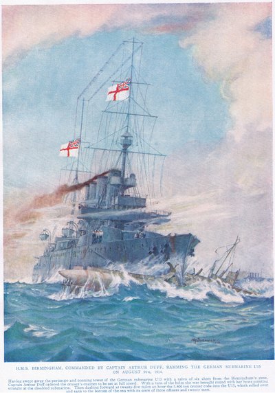 Kaptan Arthur Duff komutasındaki HMS Birmingham, 9 Ağustos 1914'te Alman denizaltısı U15'e çarparak, Hutchinson und Co. tarafından yayınlanan 'İmparatorluğu Heyecanlandıran Deeds'den bir örnek, c.1920 (renk li by H. G. Swanwick