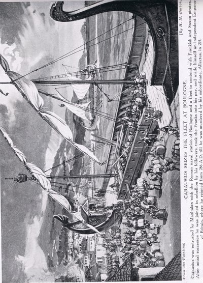 Carausius, Boulogne'da filoyu ele geçirirken, 'Hutchinson's History of the Nations'dan bir örnek, c.1910 by H. M. Burton