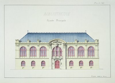 Bir Kütüphanenin ana cephesi, bir tasarım folyosundan levha XII, c.1870 by H. Monnot