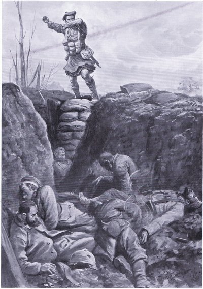 Er Brown (Gordon Highlander) düşmanı bir barikatın tepesinden bir Alman siperinde bombalıyor. (lito) by H. Ripperger