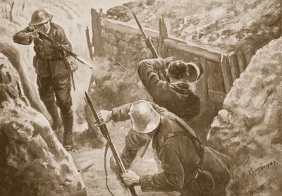 Er J. Hutchinson, bir Alman siperine saldırı düzenlerken iki Alman nöbetçiyi vuruyor by H. Ripperger
