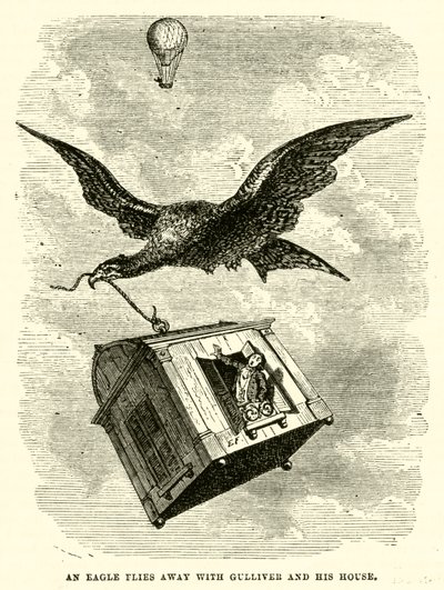 Bir kartal Gulliver ve eviyle birlikte uçup gidiyor (gravür) by after Hablot Knight Browne
