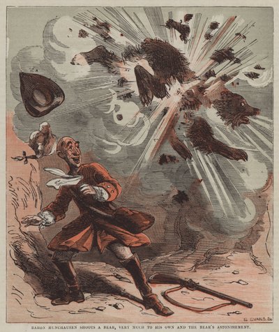 Baron Munchausen bir ayıyı vuruyor, hem kendi başına hem de ayının şaşkınlığı içinde (renkli taş) by after Hablot Knight Browne