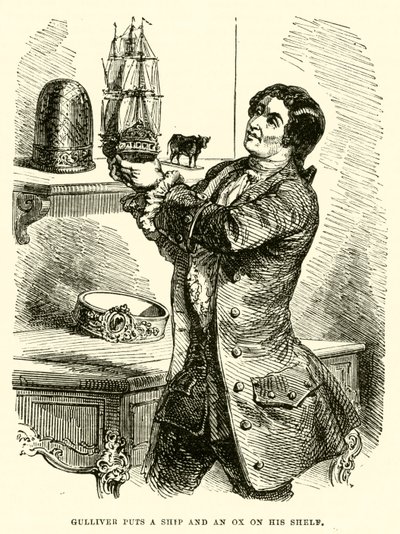 Gulliver rafına bir gemi ve bir öküz koyar (gravür) by after Hablot Knight Browne
