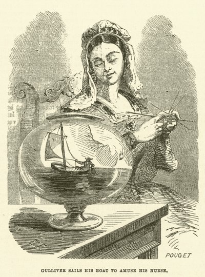 Gulliver, hemşiresini eğlendirmek için teknesini kullanıyor (gravür) by after Hablot Knight Browne