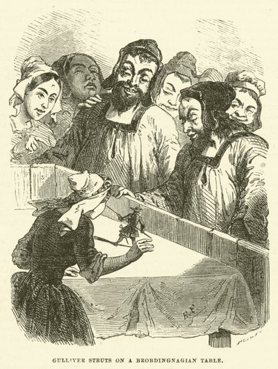 Gulliver bir Brobdingnagian masasında (gravür) by after Hablot Knight Browne
