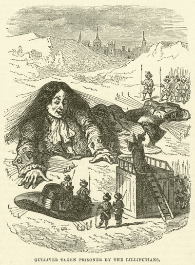 Gulliver, Lilliputians tarafından esir alındı (gravür) by after Hablot Knight Browne