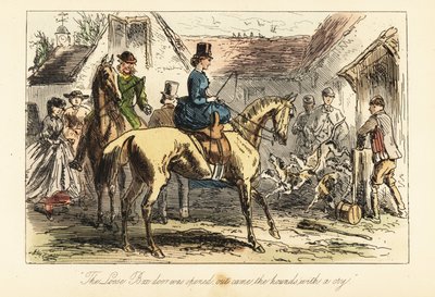 Avcılar ve kadınlar, avdan önce tilki köpeklerinin ağıldan çıkışını izliyor by after Hablot Knight Browne