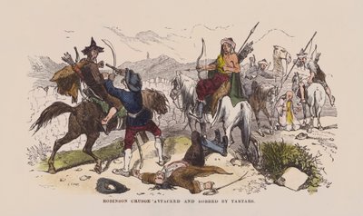 Robinson Crusoe, Tatarlar tarafından saldırıya uğradı ve soyuldu (renkli gravür) by after Hablot Knight Browne