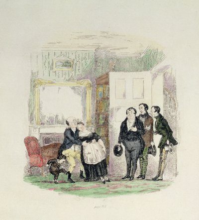 Bay Pickwick, arkadaşları tarafından kollarında Bayan Bardell ile bulunur, Charles Dickens (1812-70) 1837