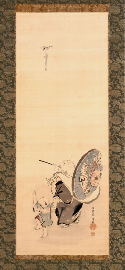 Hotei And Child (ipek üzerine mürekkep ve boya) by Hanabusa Itcho