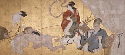 Seven Gods Of Good Fortune (mürekkep, kağıt üzerine renkli ve altın varak, altı katlı ekran) by Hanabusa Itcho
