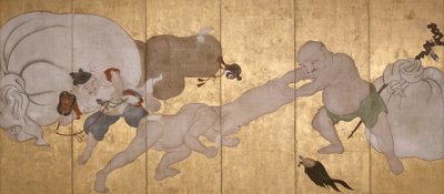 Seven Gods Of Good Fortune (mürekkep, kağıt üzerine renkli ve altın varak, altı katlı ekran) by Hanabusa Itcho
