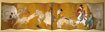 Seven Gods Of Good Fortune (mürekkep, kağıt üzerine renkli ve altın varak, altı katlı ekran) by Hanabusa Itcho