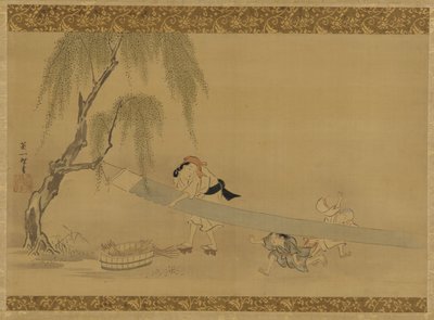 Kurutmak için kumaşı geren kadın, iki çocuk oyun oynuyor, Edo dönemi, 17. yüzyılın sonu-18. yüzyılın başı. by Hanabusa Itcho