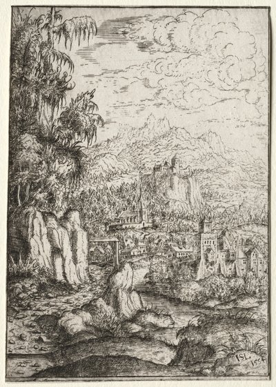 Nehirdeki Bir Adada Kaleye Giden Yol ile Manzara, 1554. by Hanns Sebald Lautensack
