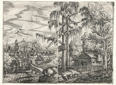 Nehirdeki Kasaba ve Ağaçlar Arasındaki Kulübe ile Manzara, 1551. by Hanns Sebald Lautensack