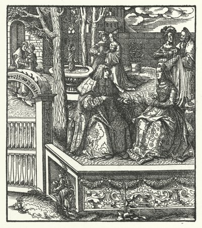 Avusturya Arşidükü Maximilian ve karısı Burgonyalı Mary, birbirlerine kendi dillerini öğretiyorlar (gravür) by Hans (after) Burgkmair