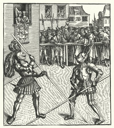 Avusturya Arşidükü Maximilian bir mızrak kullanarak yaya olarak savaşıyor (gravür) by Hans (after) Burgkmair