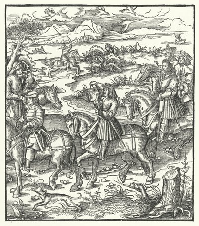 Avusturya Arşidükü Maximilian balıkçıl avı (gravür) by Hans (after) Burgkmair