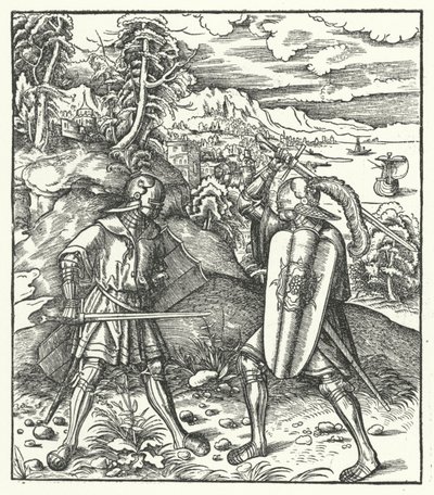 Avusturya Arşidükü Maximilian zırhlı bir kılıçla savaşıyor (gravür) by Hans (after) Burgkmair