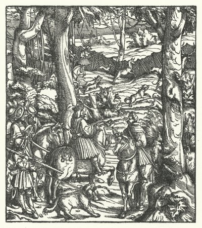 Romalıların Kralı Maximilian I, avlanırken bir mesaj alıyor (gravür) by Hans (after) Burgkmair