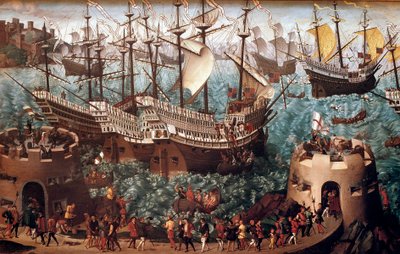 Henry VIII'in (1491-1547) 7/06/1520'de I. François (Camp du Drap d'Or) ile imzalanan ticaret münasebetiyle Henri Grace a Dieu” galionunda Dover'da gemiye binmesi”” Hans Holbein'in tablosu Gençler (1497-1543). 16. yüzyıl Paris, Musee de  by Hans (after) Holbein the Younger