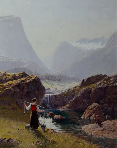 Kovalarca Sulu Kız ve Balık Tutan Oğlan (tuval üzerine yağlı boya) by Hans Andreas Dahl