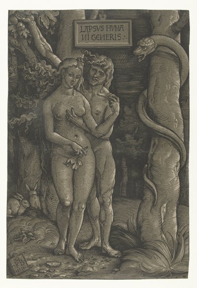 Adam Lapsvs Hvmani Generis'in Cennet Düşüşünde Adem ve Havva'nın Baştan Çıkarılması (nesnedeki başlık) by Hans Baldung Grien