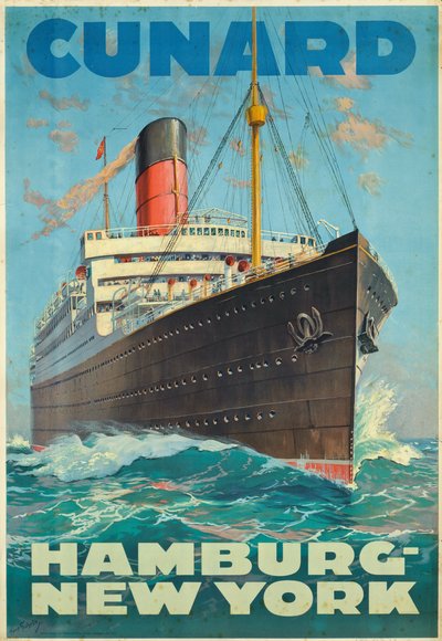 Cunard nakliye şirketi ile Hamburg ve New York arasında poster reklam seyahati (renkli litografi) by Hans Bohrdt