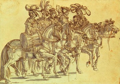 Atlı Beş Davulcu, c.1500 (kalem ve mürekkep ve kağıt üzerinde yıkama) by Hans Burgkmair