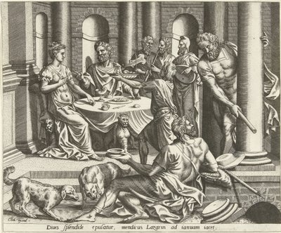 Lazarus zengin adamın evi için yalvarıyor Lazarus ve Zengin Adamın Tarihi (dizi başlığı) by Hans Collaert (I) (possibly)