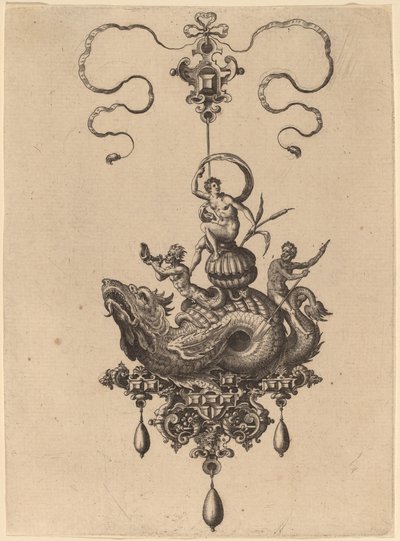 Bir Triton ve Kürekli Bir Adam ile Bir Kabukta Bir Kadın Taşıyan Deniz Canavarı ile bir Kolye Tasarımı by Hans Collaert the Elder