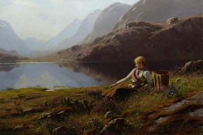 Dağ Gölü Kenarında Örgü Yapan Kız (tuval üzerine yağlı boya) by Hans Dahl