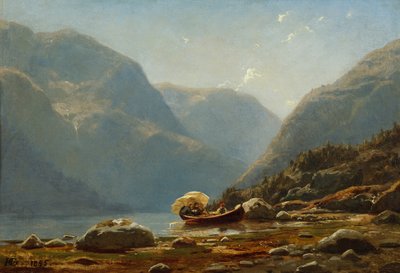 Kayıktaki insanlarla fiyort manzarası by Hans Gude
