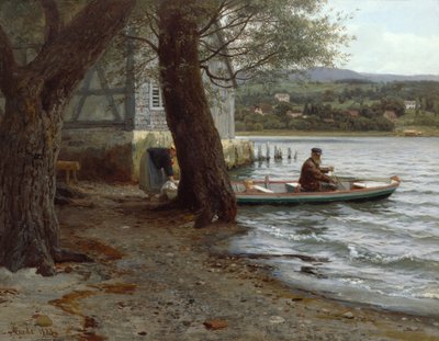 Sahilde Kürekli Teknede İnsanlar by Hans Gude